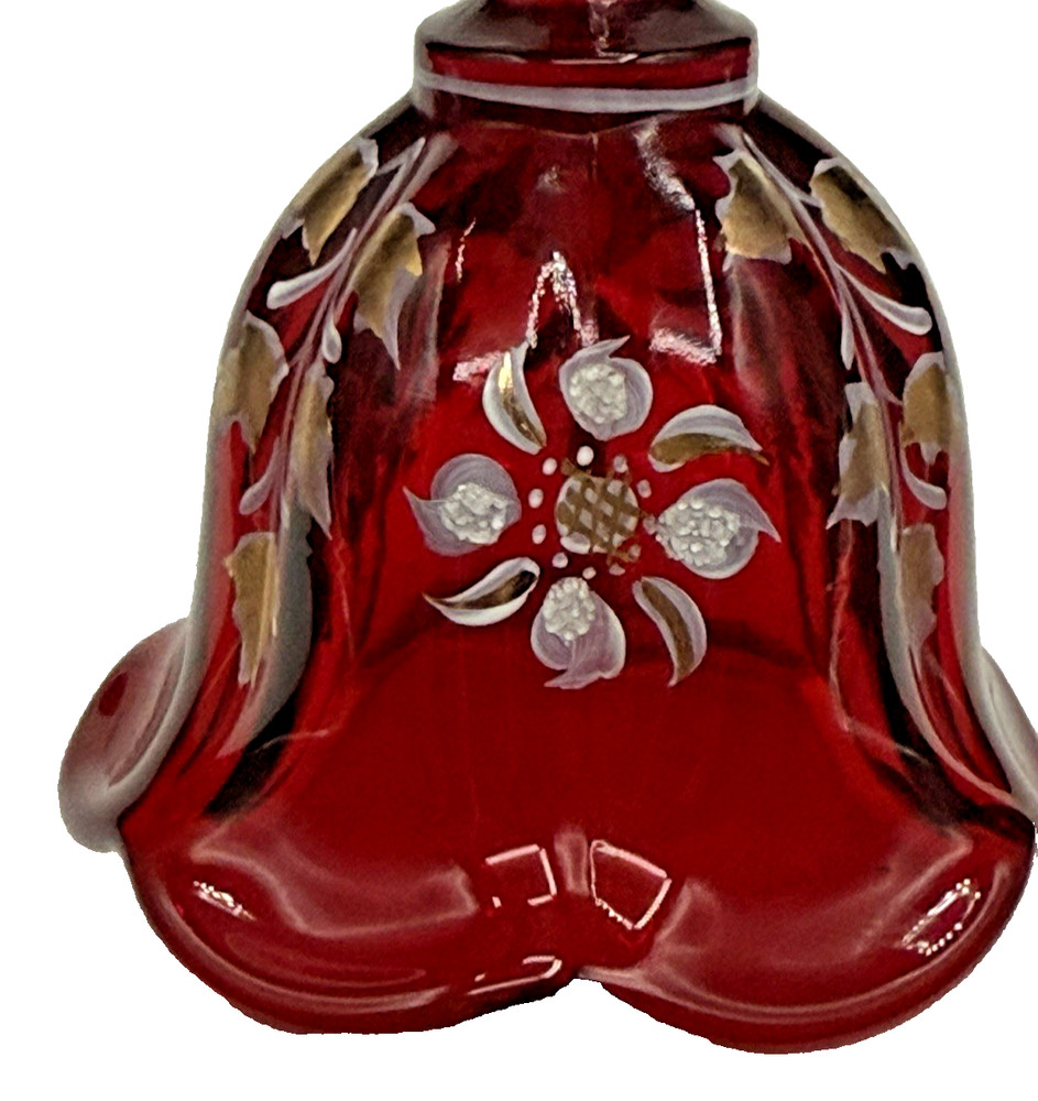 Fenton Ruby Red Hand Bell UV Cadium Glow Gold Silver Floral Signed Numbered #121