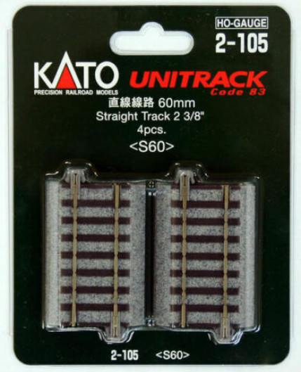 Kato #2-105 HO Scale 60mm (2 3/8") Straight UniTrack - Code 83 - 4 sections