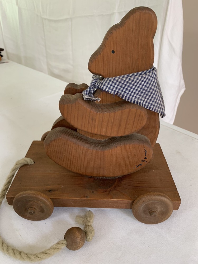 Vintage Wooden Bear Pull Toy On Wheels.