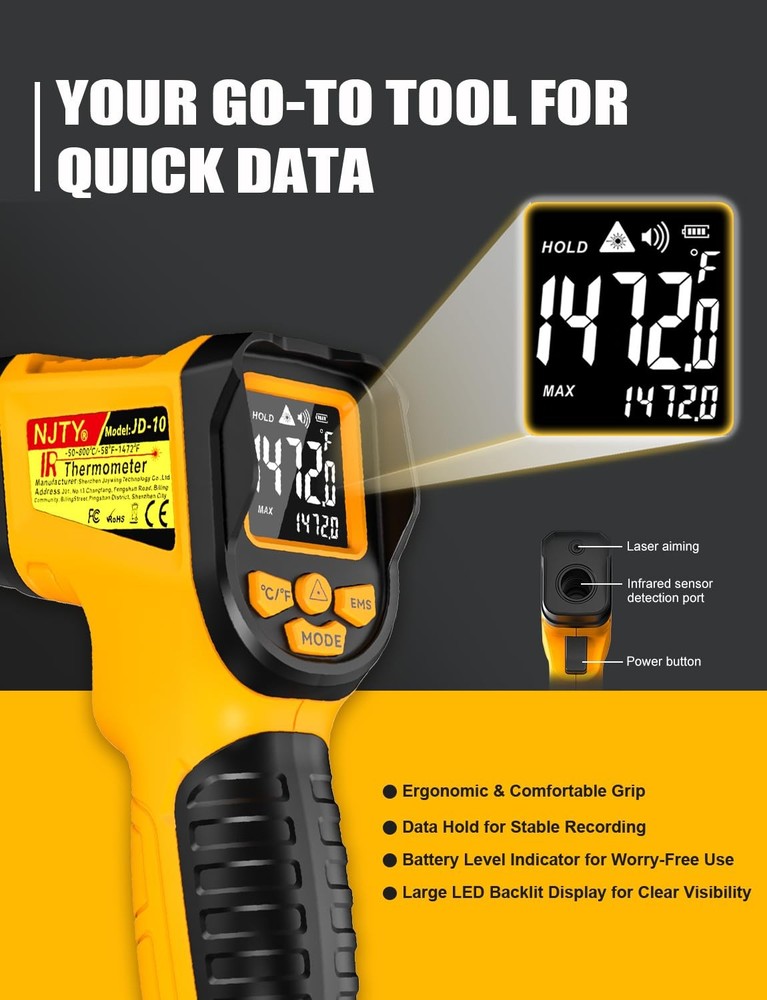 Thermometer , -58℉ to 1472℉, High Precision, Non-Laser Temperature Sensor wit...
