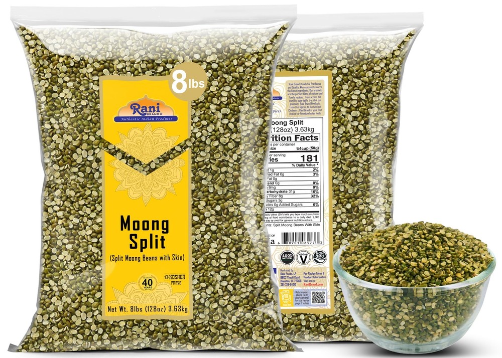 Rani Moong Split 8bs (128oz) Bulk Split Mung Beans WITH skin