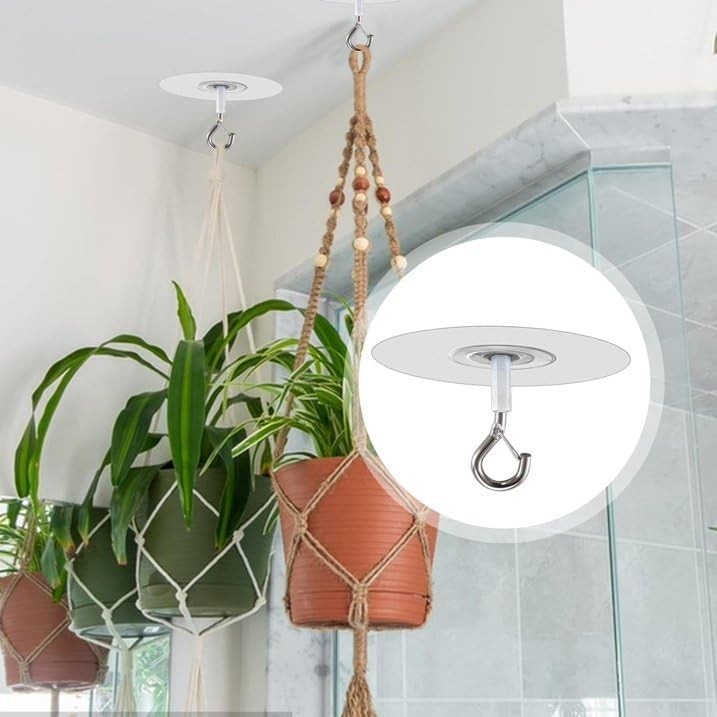 ​Adhesive Ceiling Hooks with Safety Clasp, Stick-On Wall Hooks for Plants,