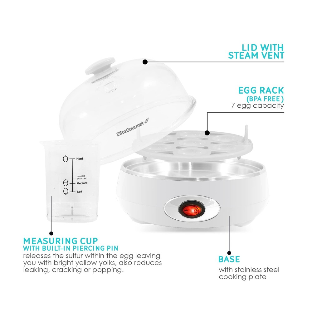 Electric Egg Cooker 7 Egg Capacity Auto Shut Off Boiled Egg Maker White