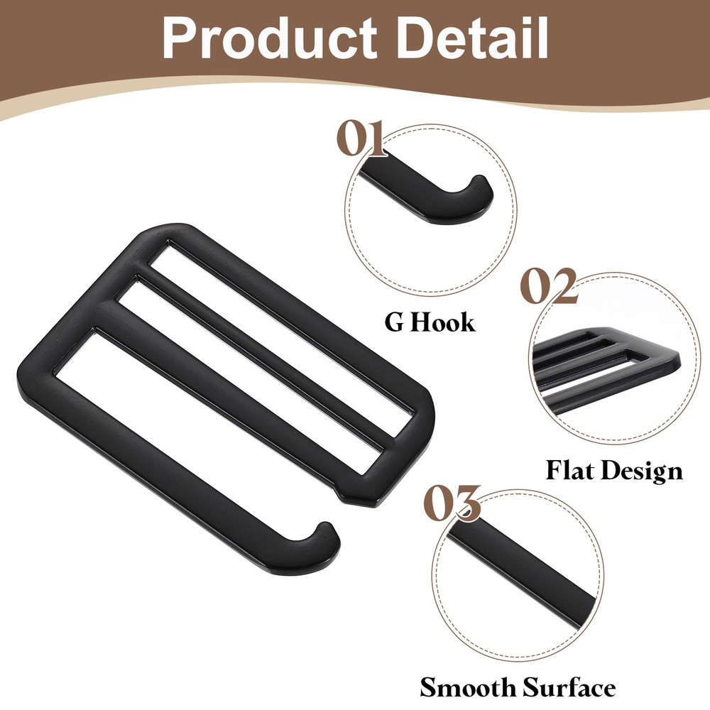 2Pcs G-Hook Webbing Buckles, 50mm Flat Tri-Glide, Black