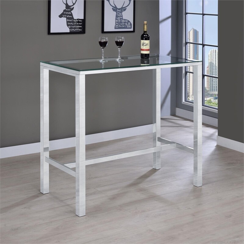 Pemberly Row Contemporary Rectangular Glass Top Pub Table in Clear