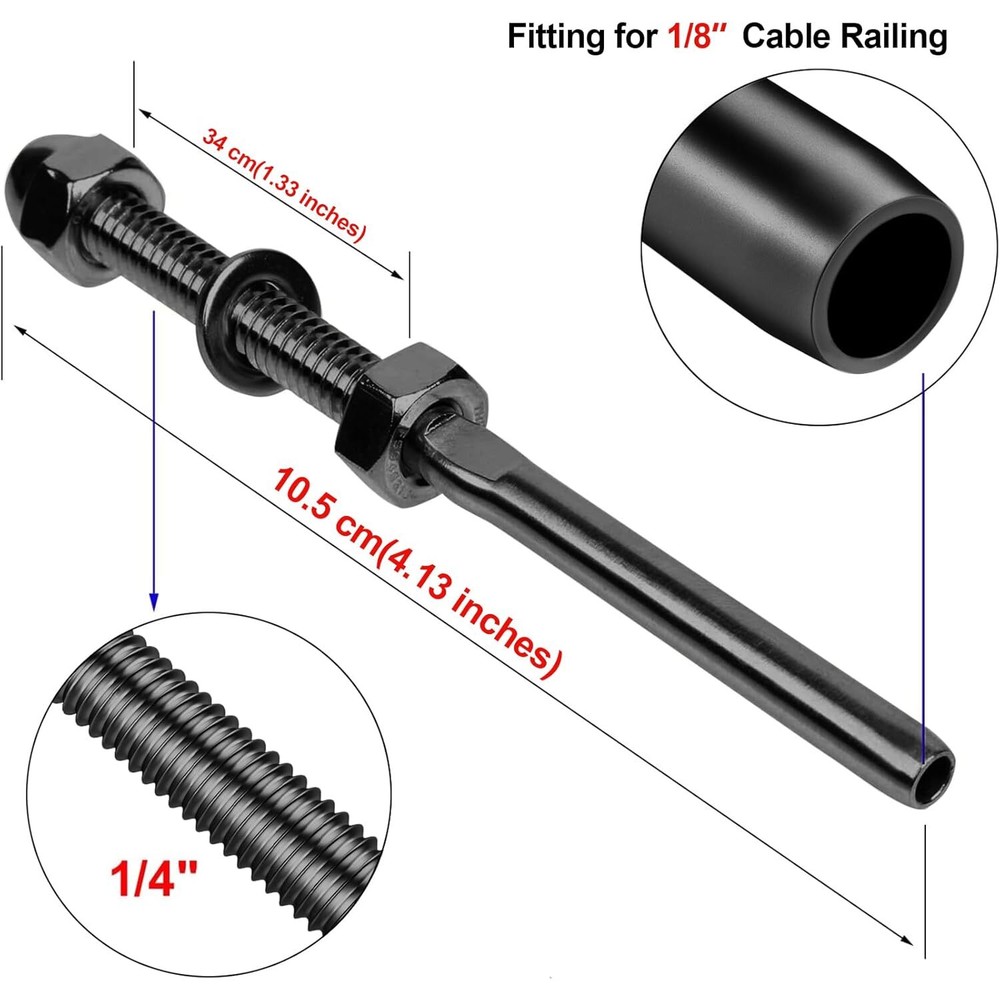 50 Pack Black Cable Railing Swage Threaded Stud Tension End Fitting Terminal1/8"
