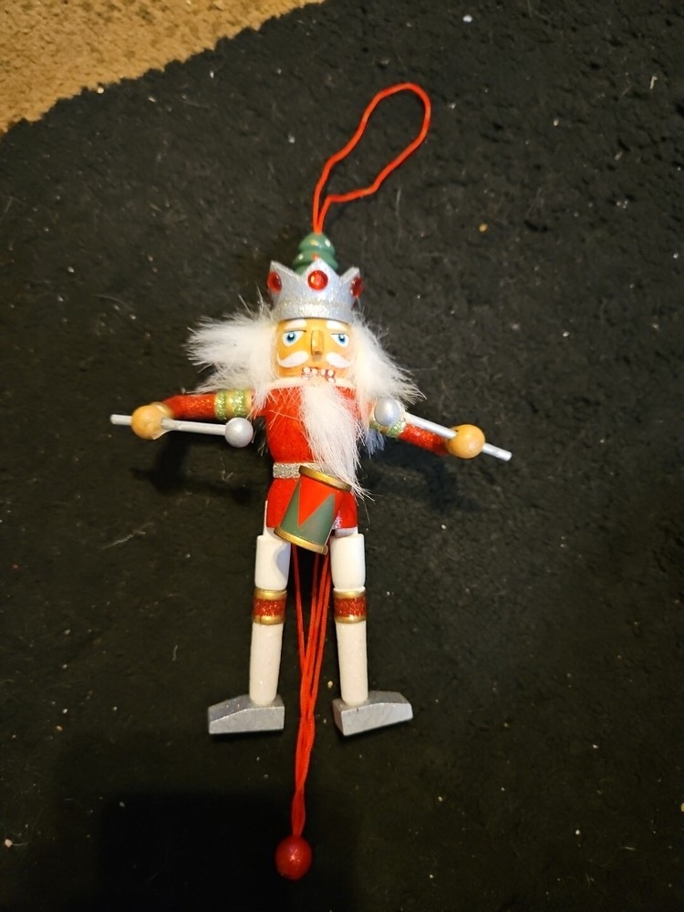 Wooden Pull String Puppet Nutcracker Christmas Ornament 6"