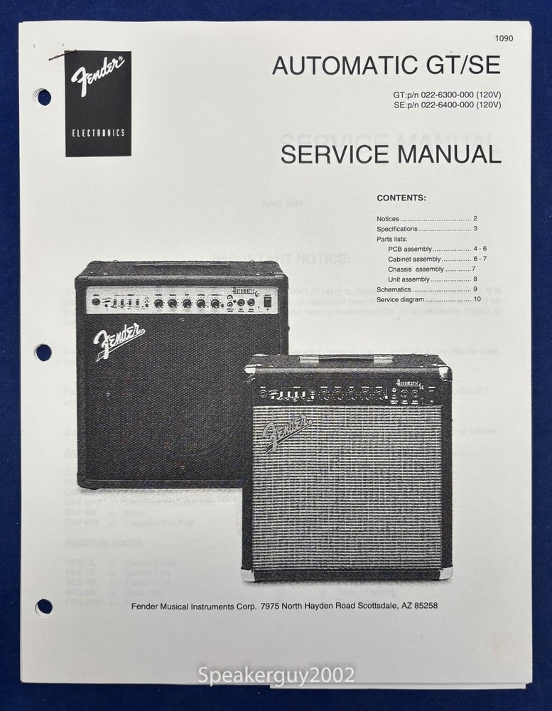 Original Fender Automatic GT/SE Service Manual
