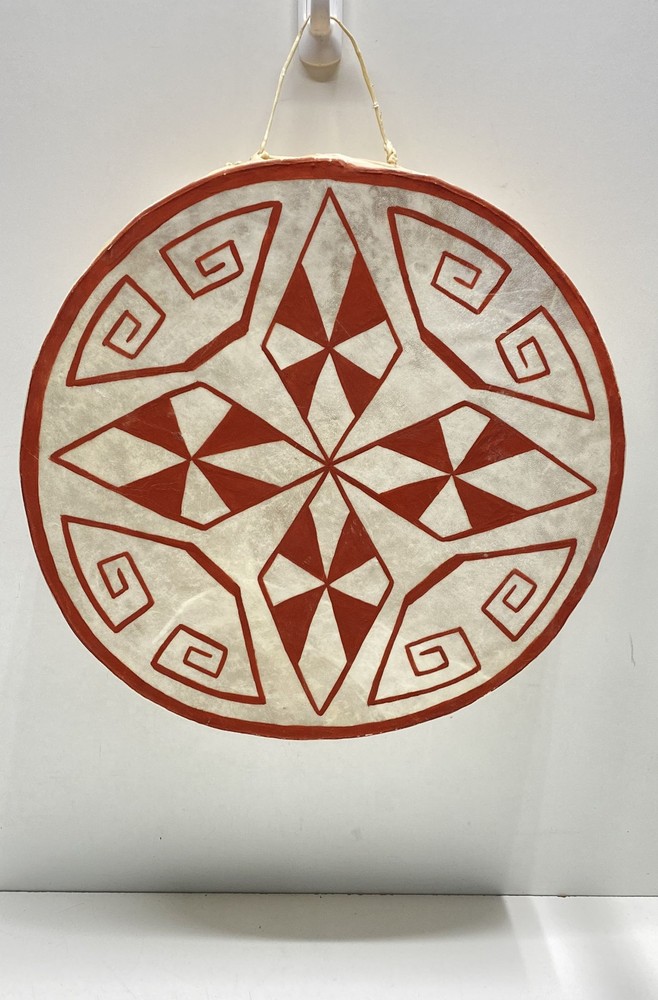 Handmade Drum Red White Geometric Pattern Wall Decor Round Percussion Art