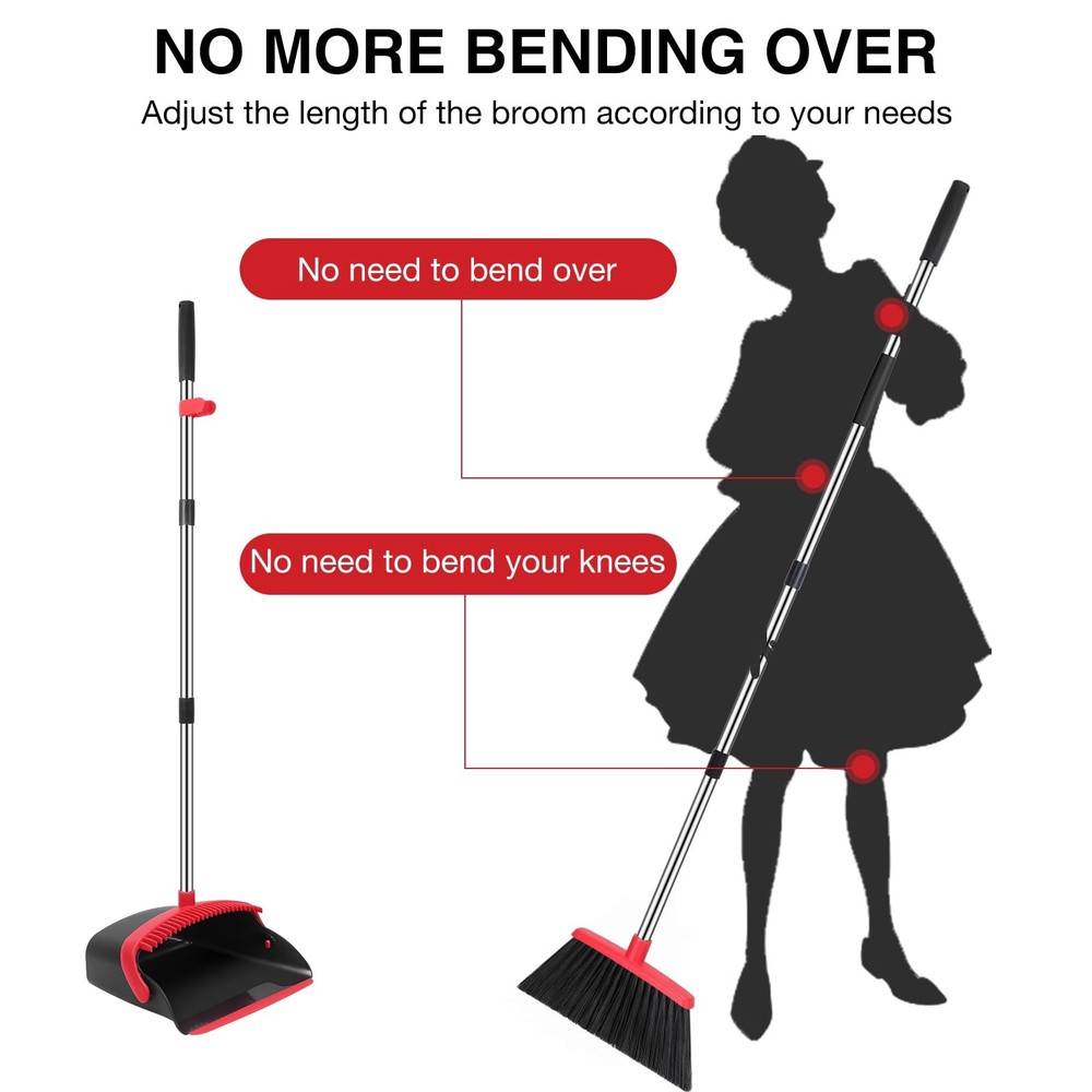 NACENA Broom and Dustpan Set, 52-in Long Adjustable Handle Black Red