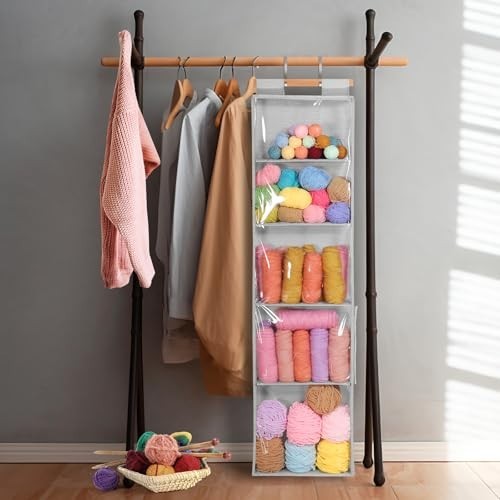 Hanging Yarn Storage Organizer with 5 Large Pockets, Knitting & Crochet Accessor