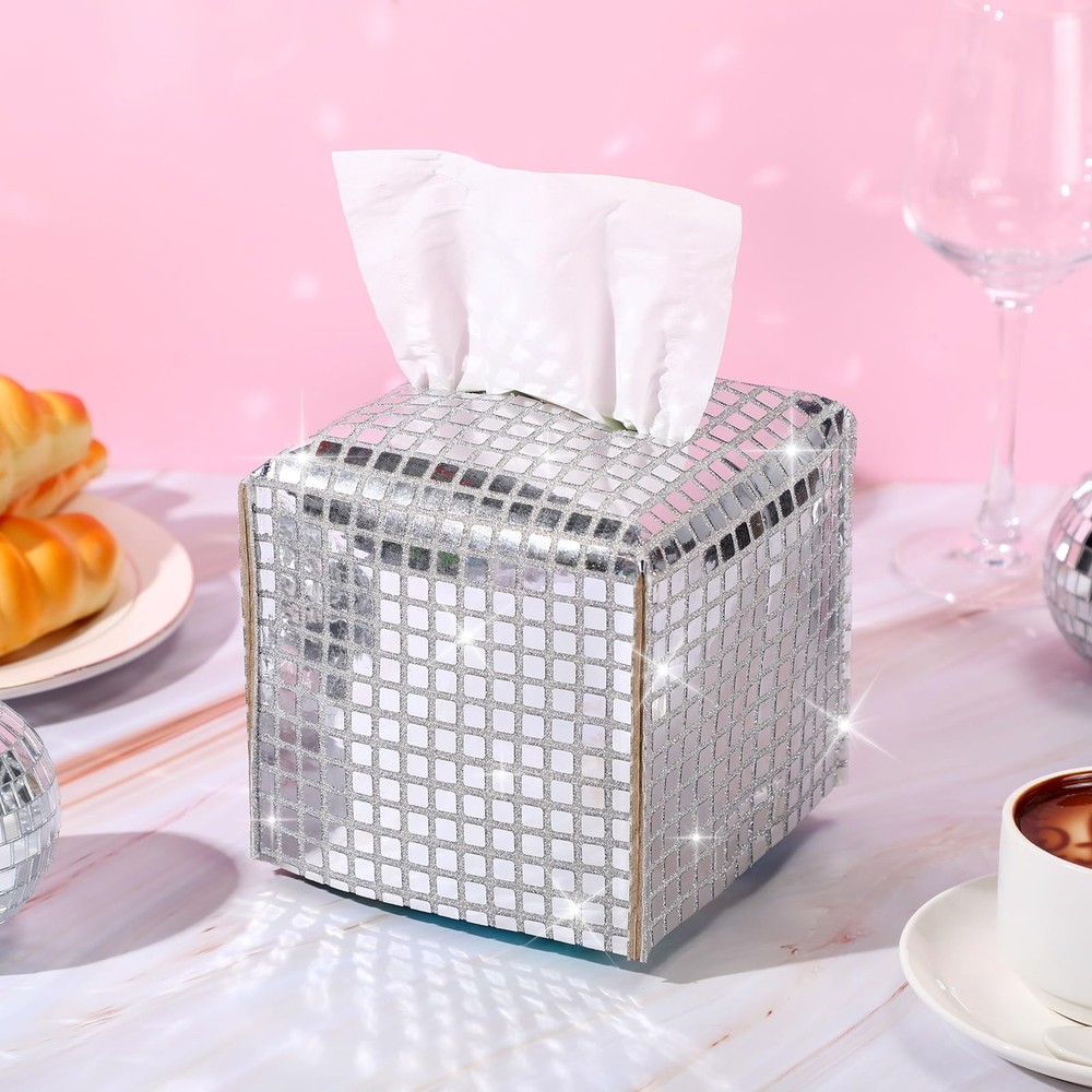 Disco Ball Tissue Box Cover Glitter Silver Square Rectangular Bling Paper Hol...