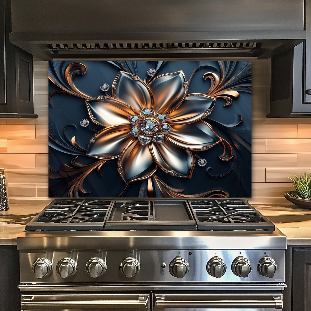 Silver & Copper Floral Backsplash Panel, Luxury Diamond Flower Kitchen Wall Art