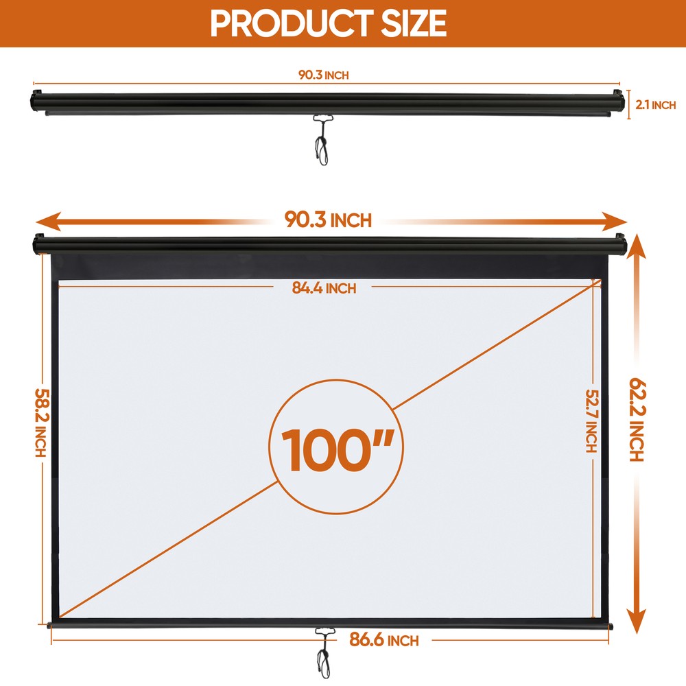 100" Projector Screen Manual Pull Down Projection Screen Theater 16:10 4K Black
