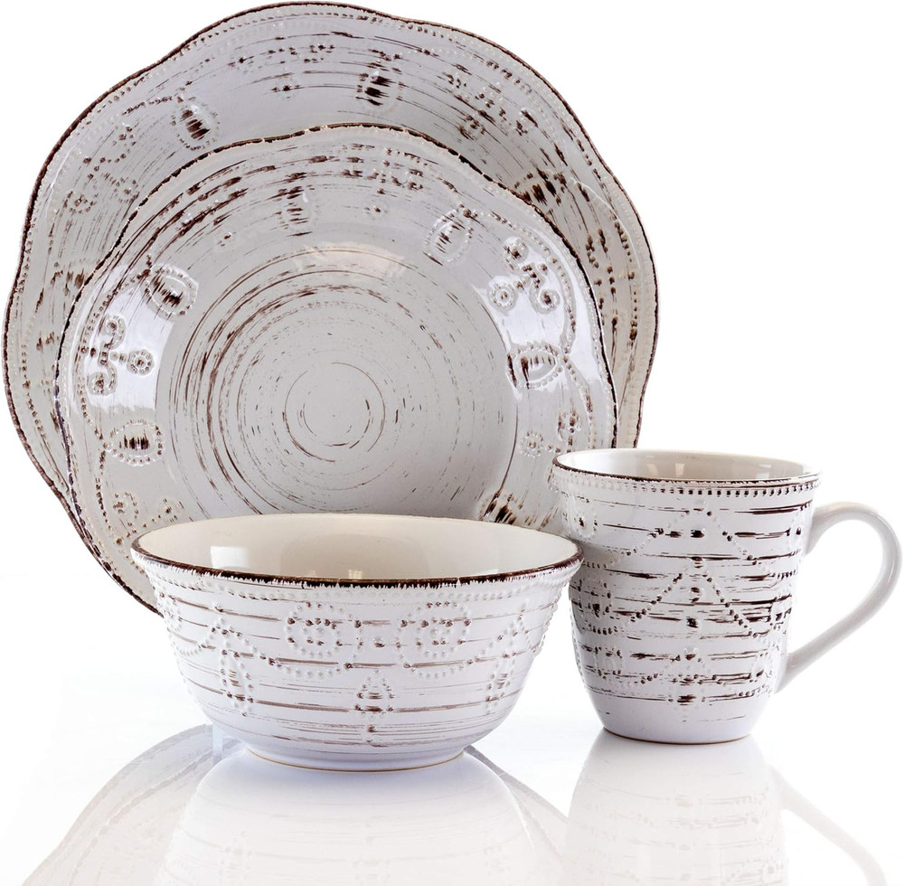 Rustic Birch 16 Piece Embossed Scalloped Stoneware round Dinnerware Set in White