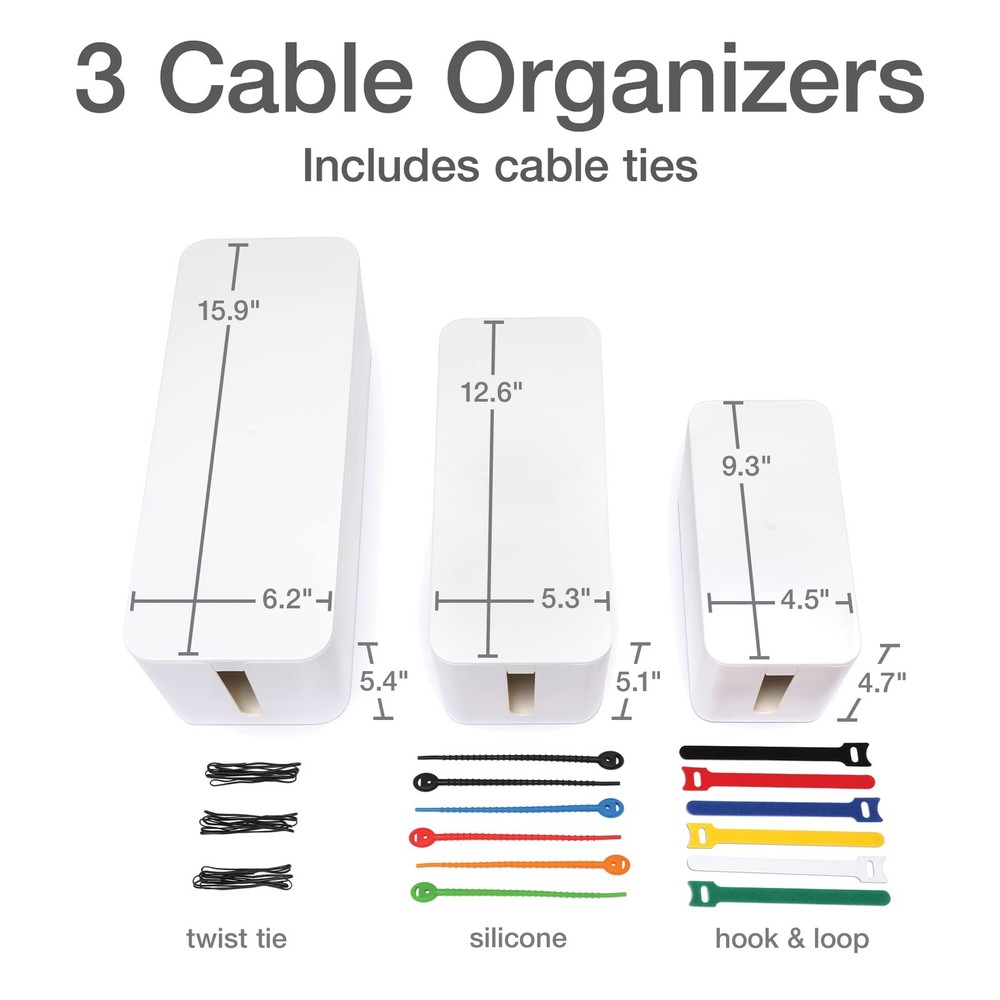 Oxford Cable Management Boxes 3 Pack Small Medium Large Power Strip Organizer Wh