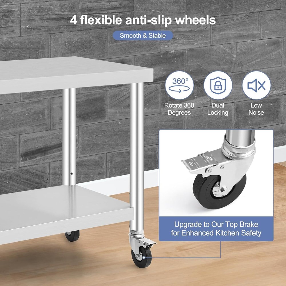 36"x24" Stainless Steel Food Prep Table Work Table Adjustable Undershel w/Caster