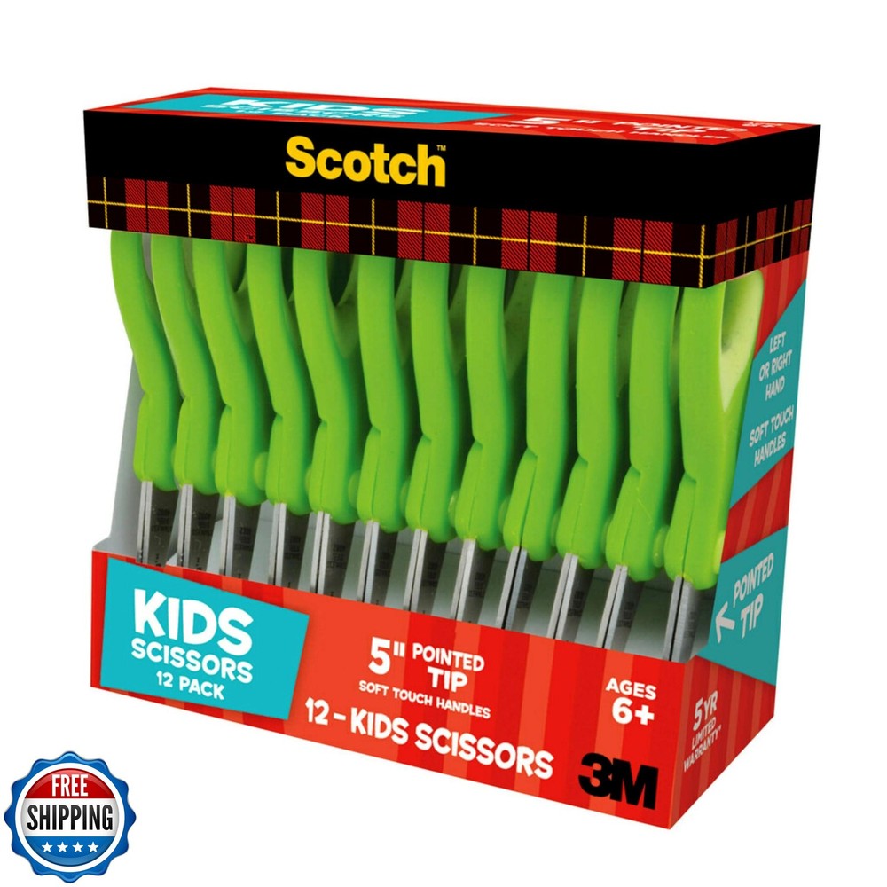 Scotch 5" Soft Touch Pointed Tip Kids Scissors, 12 Count Teacher’
