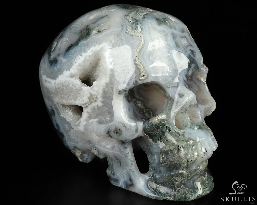 4.6" Green Moss Agate Geode Hand Carved Crystal Skull