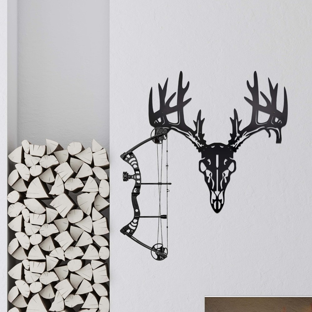 Deer Skull Wall Mount & Bow Rack – Iron Archery Holder for Black