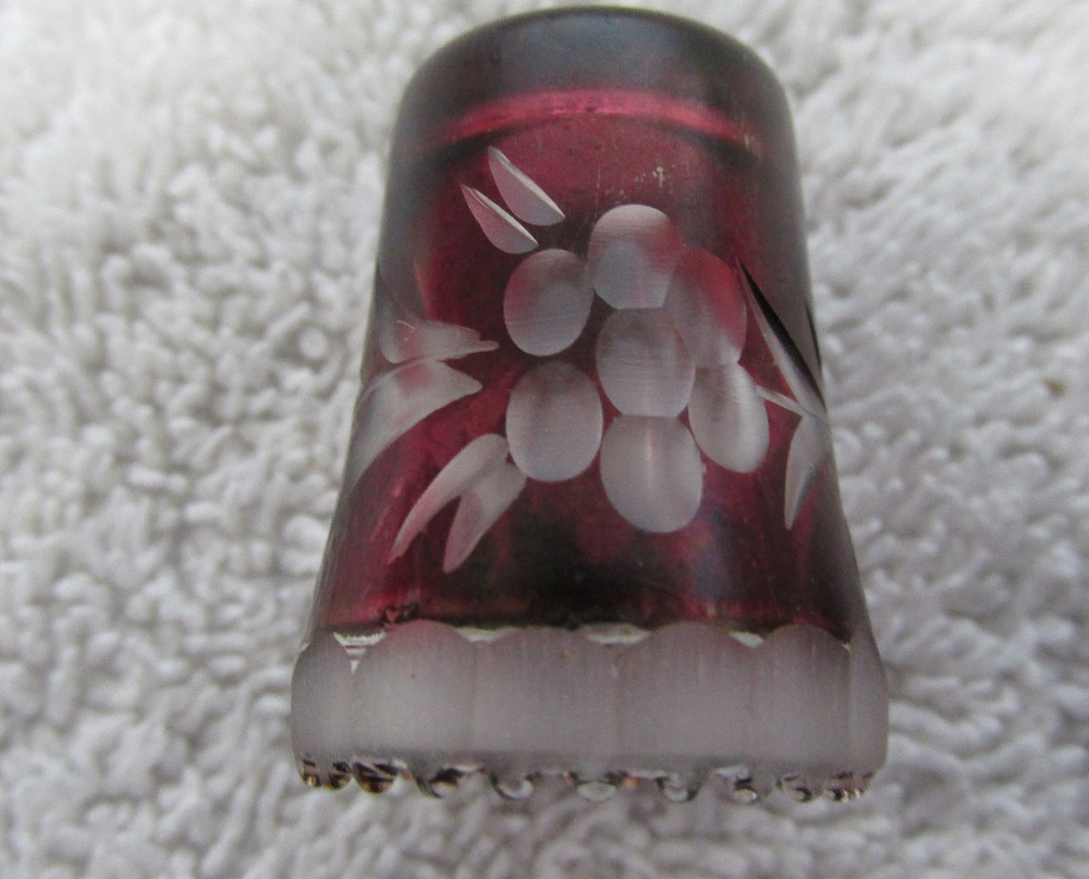 2 Antique Etched Glass Thimbles-Red & Purple