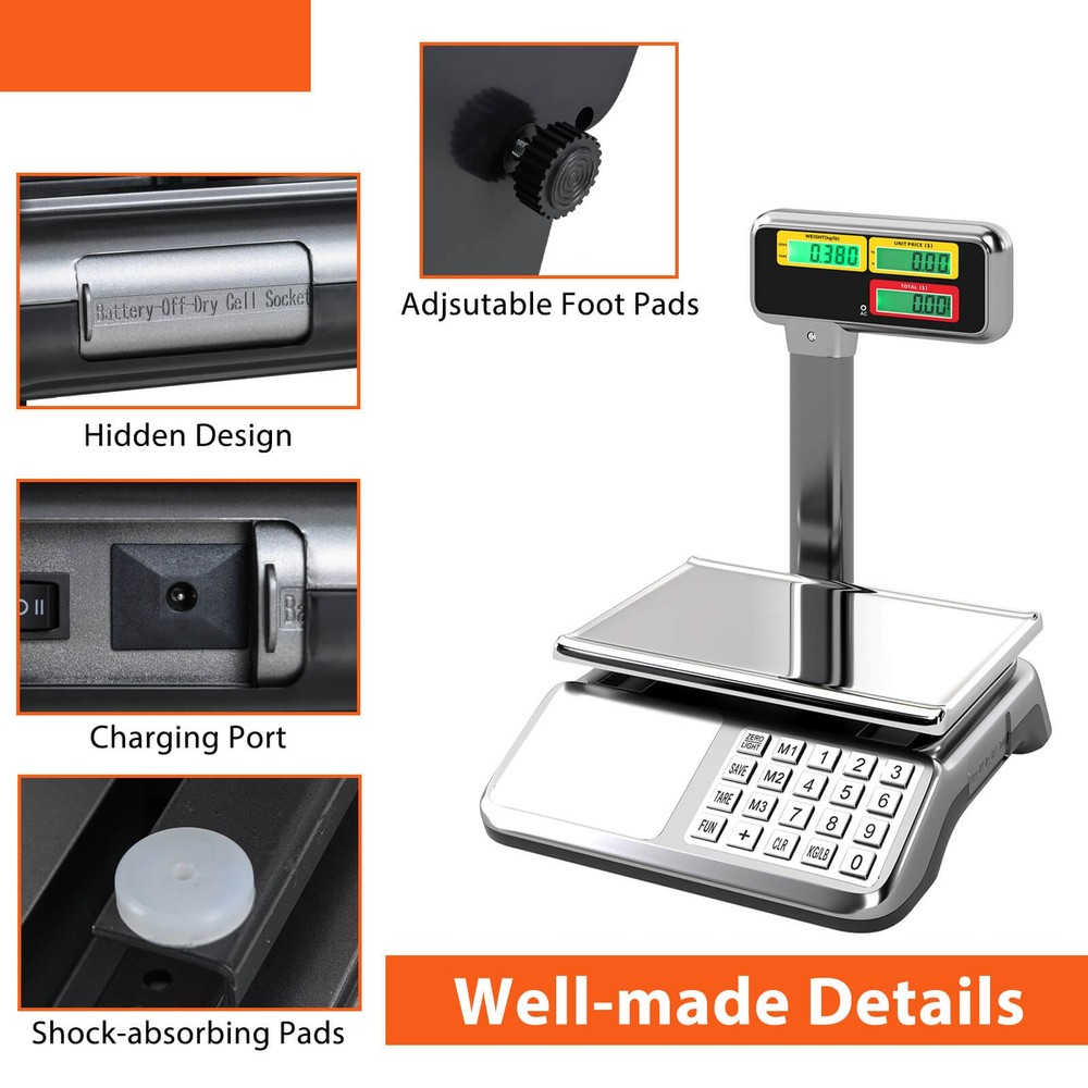 88lb Price Computing Scale w/Pole Dual LCD Display,Counting Function for Retail