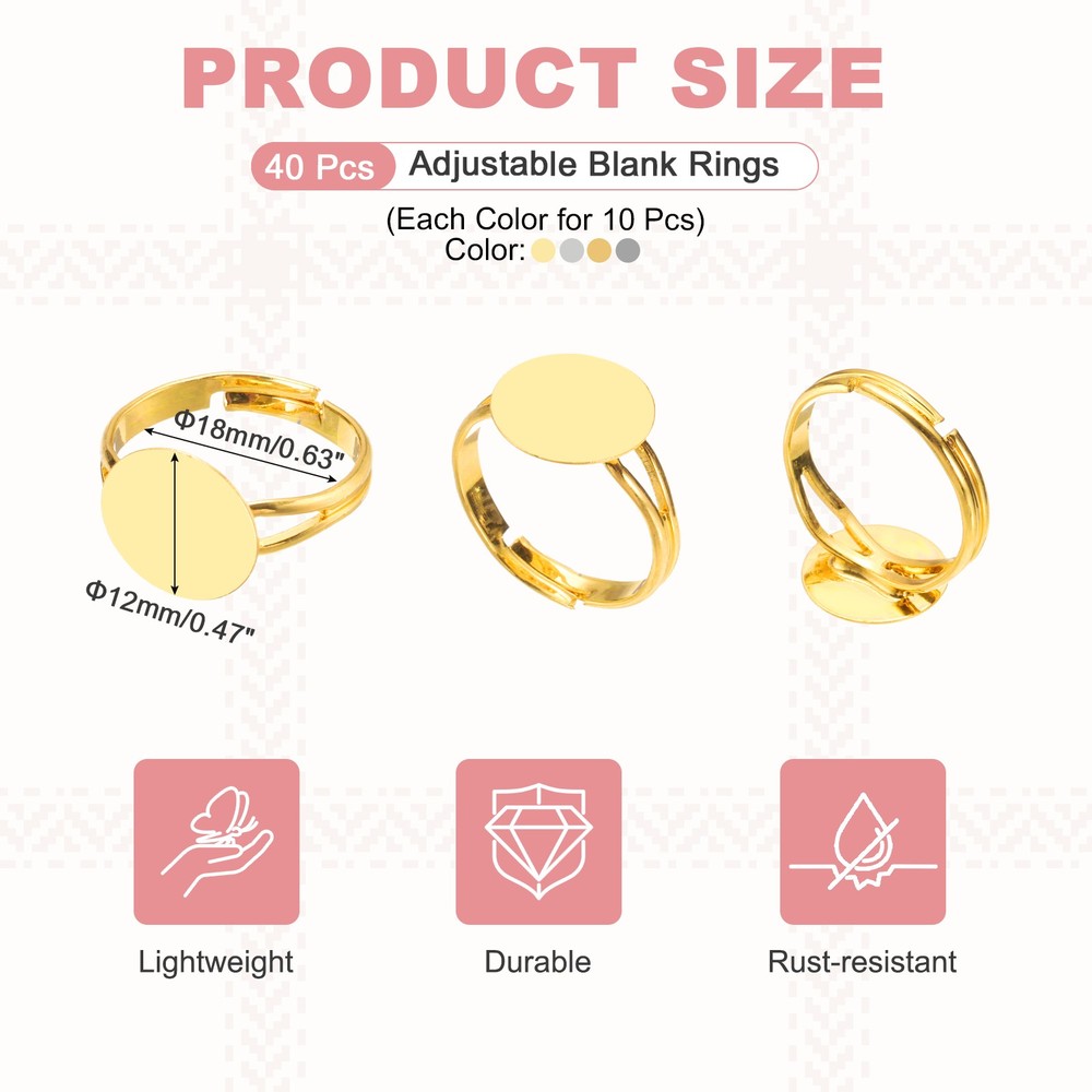 40 Pack 12mm Adjustable Blank Rings, Silver, Gold, White, Light Gold
