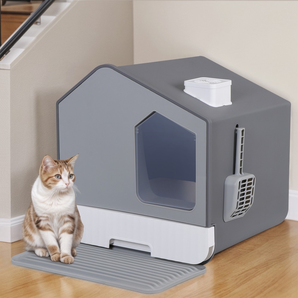 Anti-Splash Closed Cat Litter Box with Litter Scoop Front Exit Door Ventilate