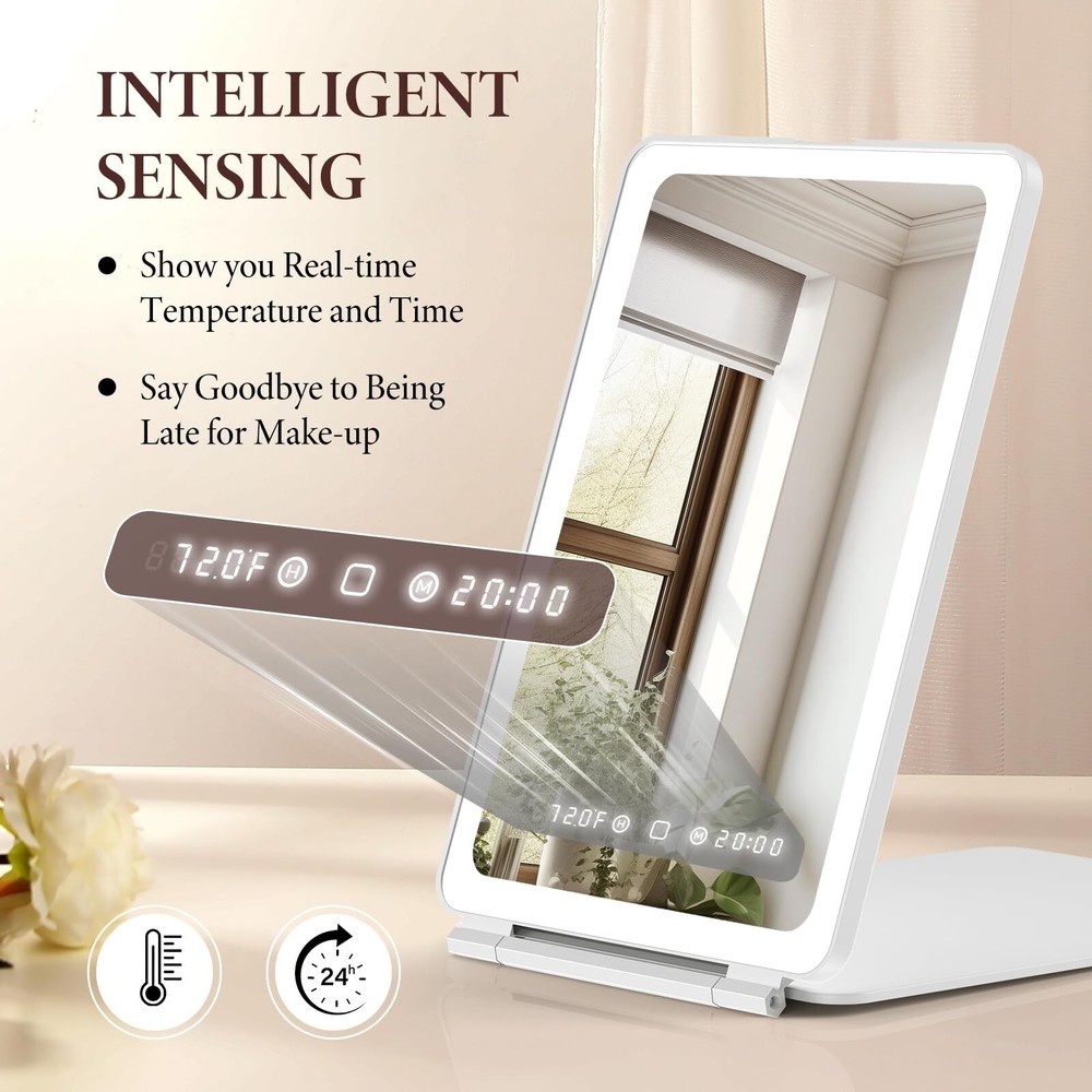 Travel Makeup Mirror with Time & Temperature Display, 2000mAh Rechargeable Ba...