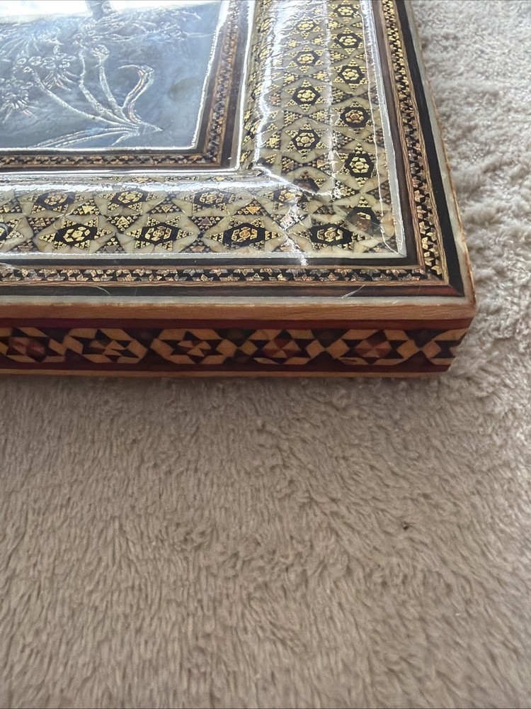 Vintage Middle Eastern Khatam Frame with Copper Bird Art