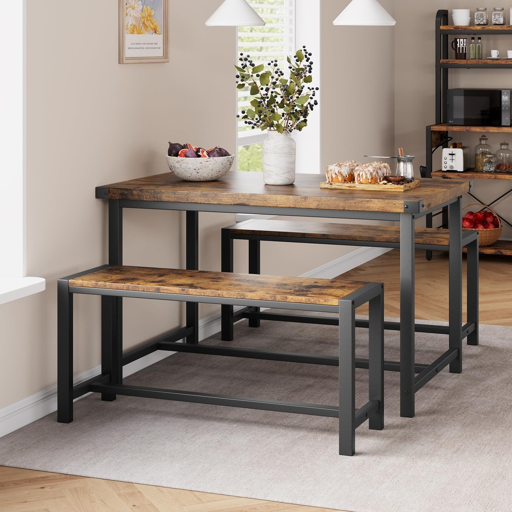 3 Piece Dining Room Table Set for 4 Modern Dinette Kitchen Table and 2 Benches