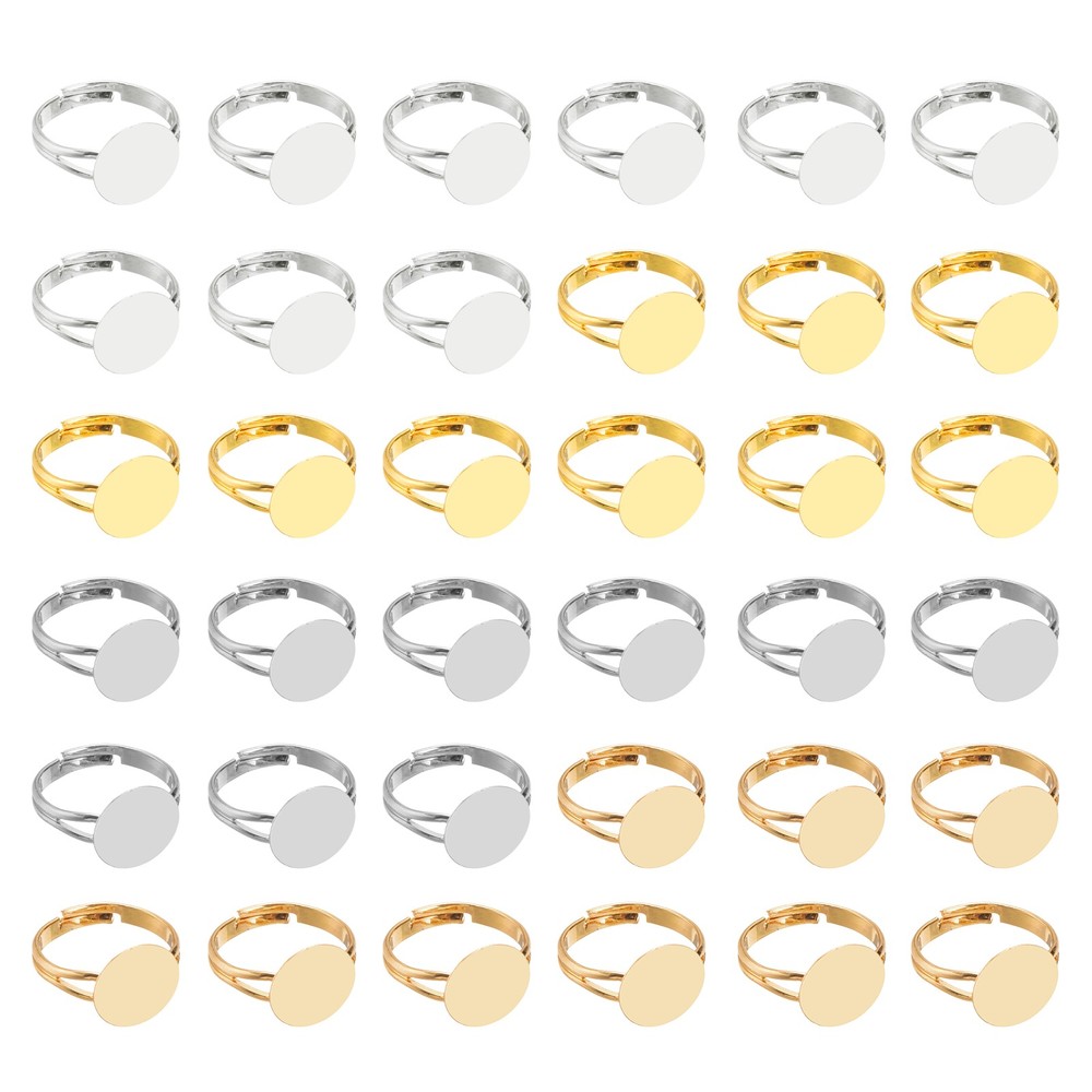 40 Pack 12mm Adjustable Blank Rings, Silver, Gold, White, Light Gold