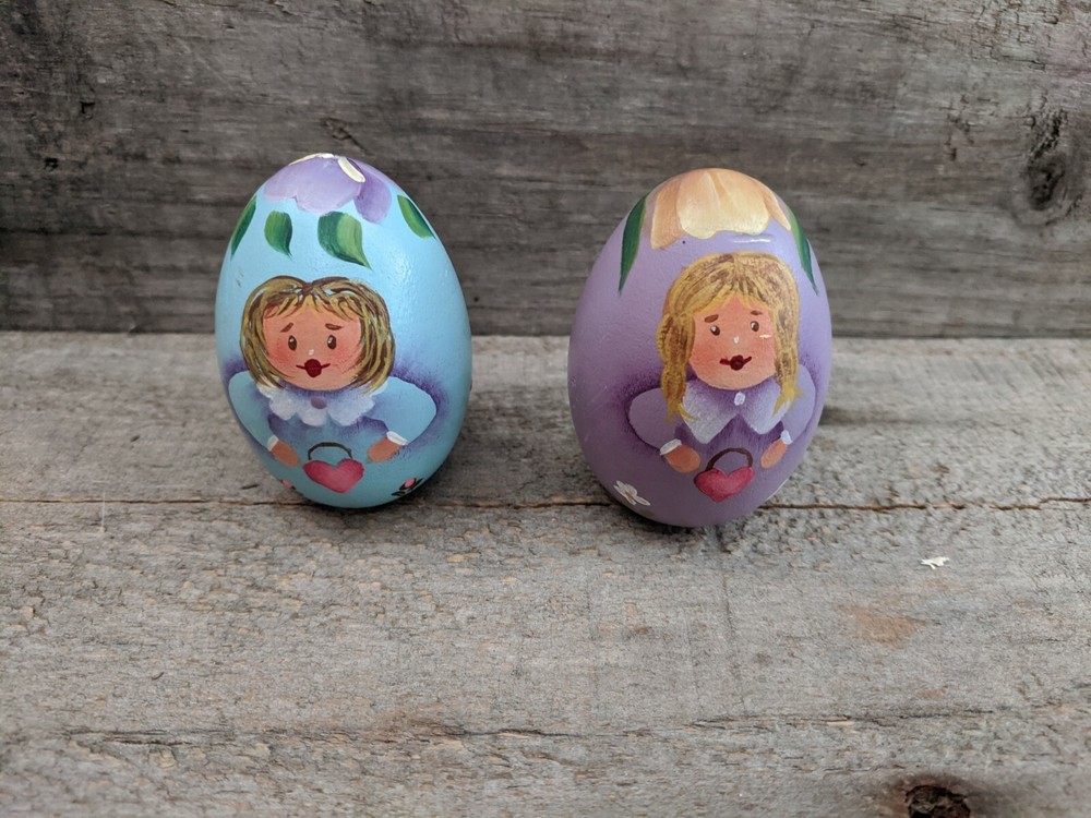 Pair of Hand Painted Wooden Spring Time Easter Eggs