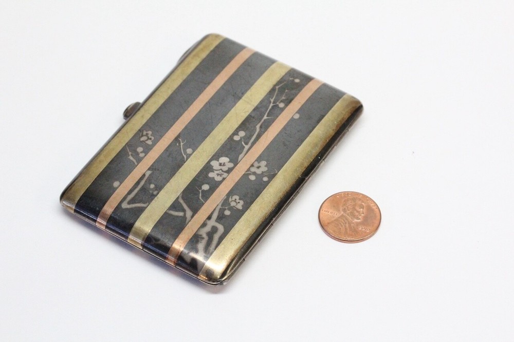 Vintage DAMASCENE Solid Silver Cigarette Case - Dogwood Trees - European Marks