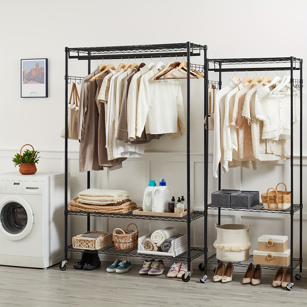 Multi-functional Wire Garment Rack Double Rods Cloth Hanging Rack for Bedroom