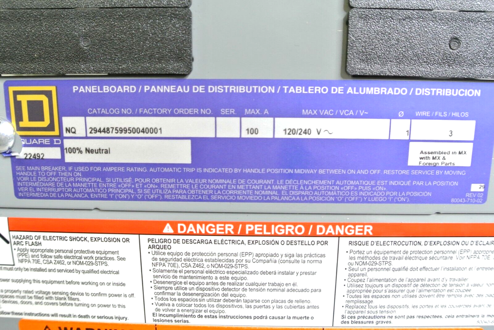 Square D Panel Box 120/240V 1Ph 3W 60Hz 100A