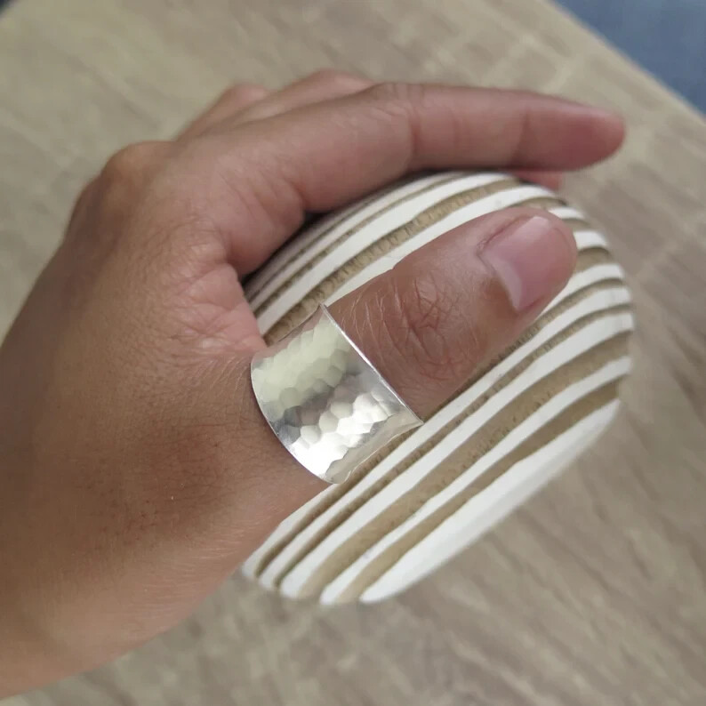 Hammered Sterling Silver Wide Band Ring, Handmade Shiny Silver Wrap Ring, can be
