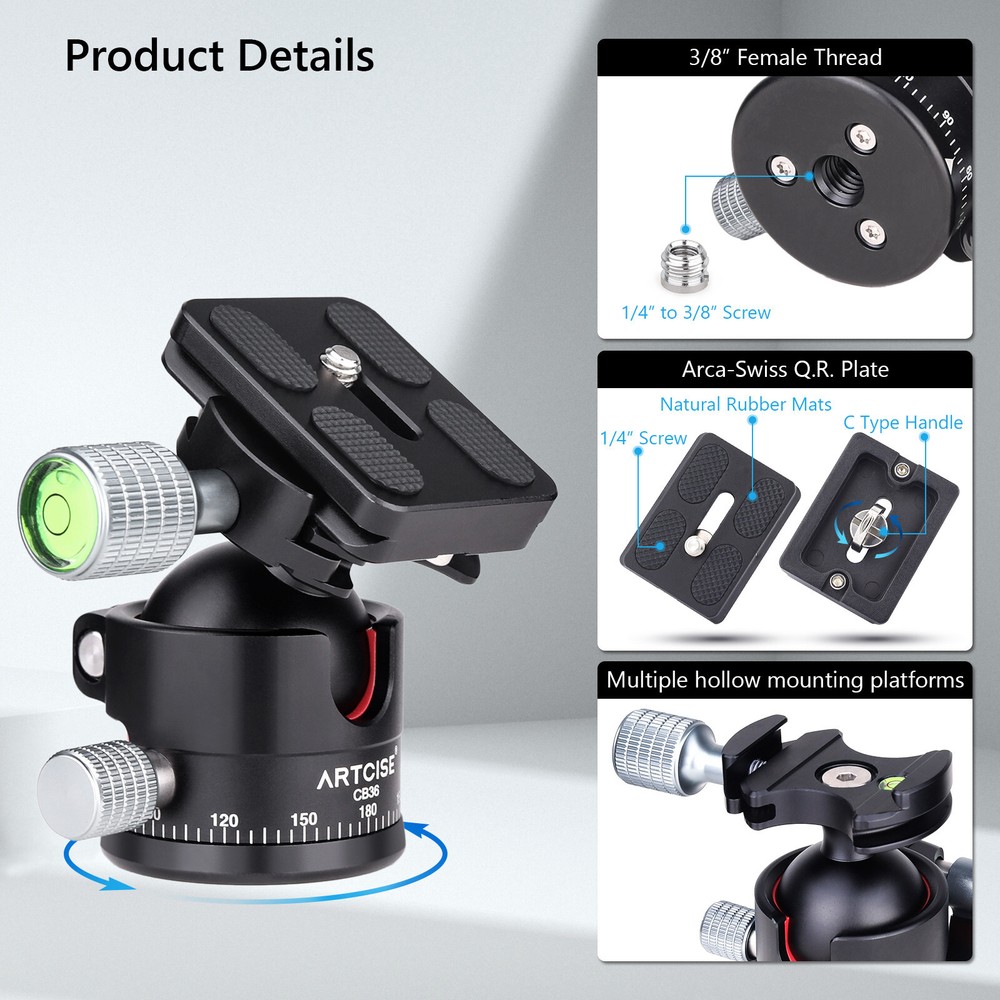 ARTCISE CB36 36mm Low Profile Tripod Head Heavy Duty Panoramic Ball Head