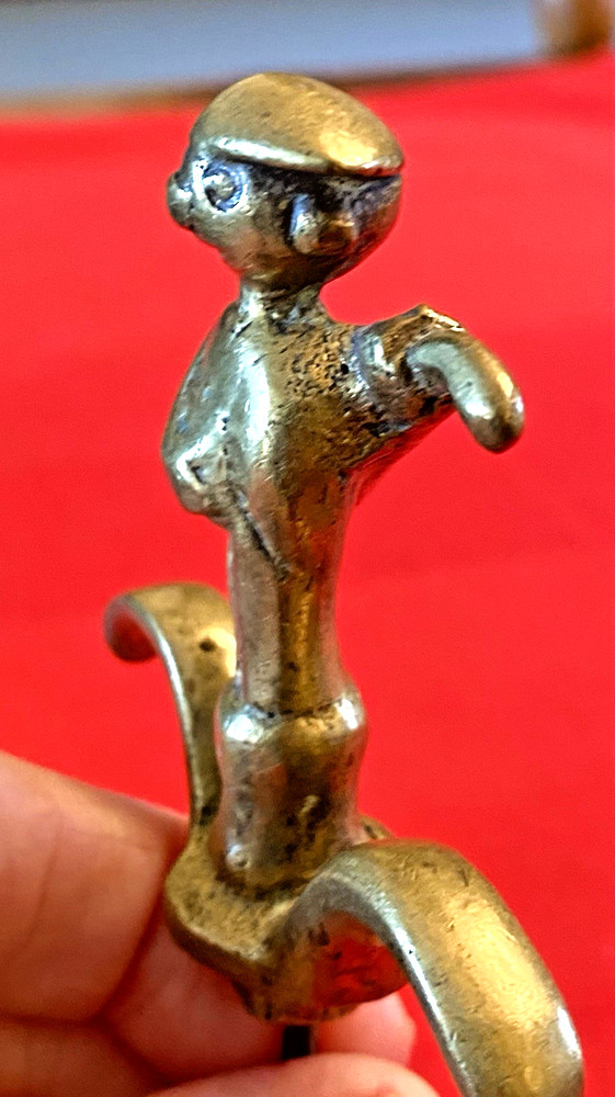 Vintage Solid Brass BOY w UMBRELLA Figural 4-D CORKSCREW 2 Finger Pull, Austria?