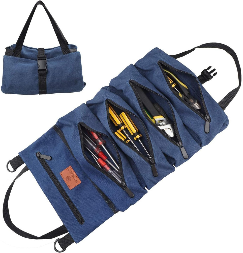 Roll up Tool Bag, 16OZ Canvas Wrench Roll up Pouch Multi-Purpose Tool Roll Organ