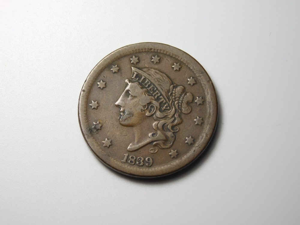 OLD US COIN 1839 DIE BREAK ERROR  CORONET HEAD LARGE CENT