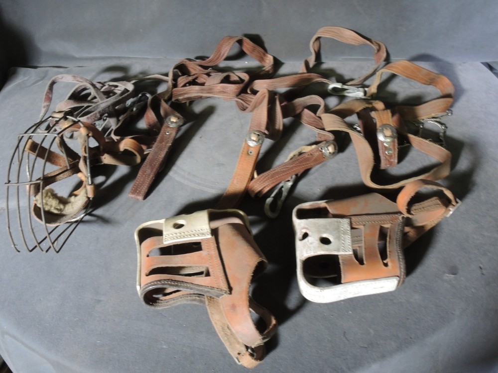 3 Vintage Grayhound Dog Wire & Leather Muzzles with Harness Muzzle