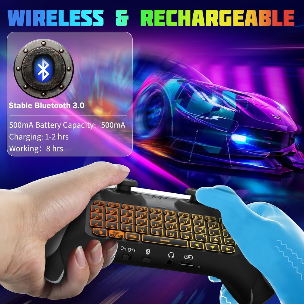 RGB Backlight Keyboard for PS5 Controller, Wireless Bluetooth Keypad Chatpad ...