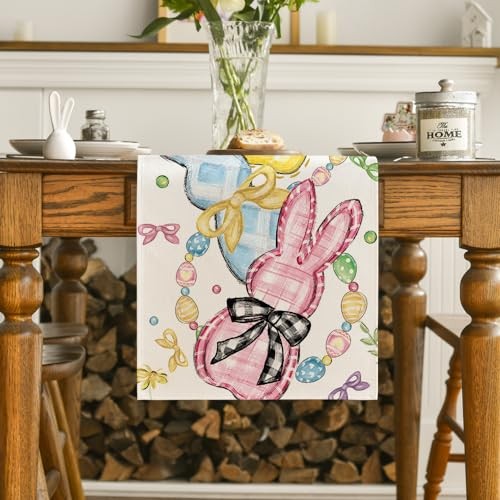Floral Bow Bunny Rabbits Eggs Easter Table 13" x 72", Table Runner Beige