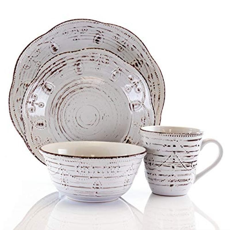 Rustic 16 Piece Scalloped Stoneware Dinnerware Set Microwave Dishwasher Safe New