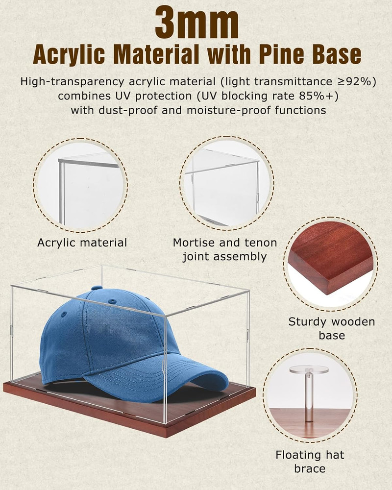 Hat Display Case, Acrylic Baseball Cap Display Box, UV Fade Protection, Solid