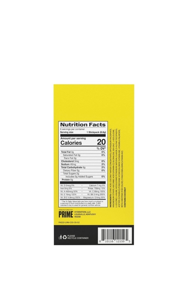 3 × Prime Electrolyte Hydration+Drink Mix Lemonade Zero Sugar Added 18 Sticks