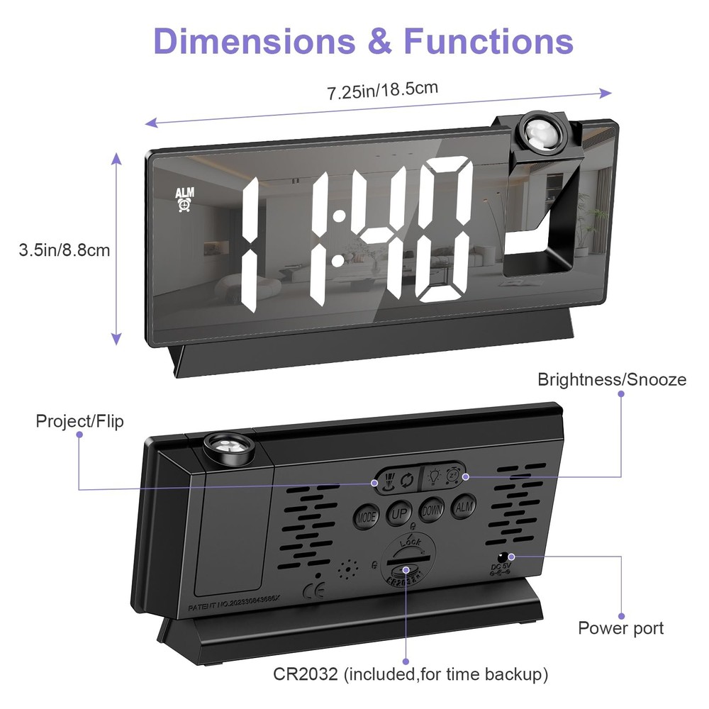 JXTZ Projection Alarm Clock, Large Screen Projector Clock for Bedroom Ceiling...
