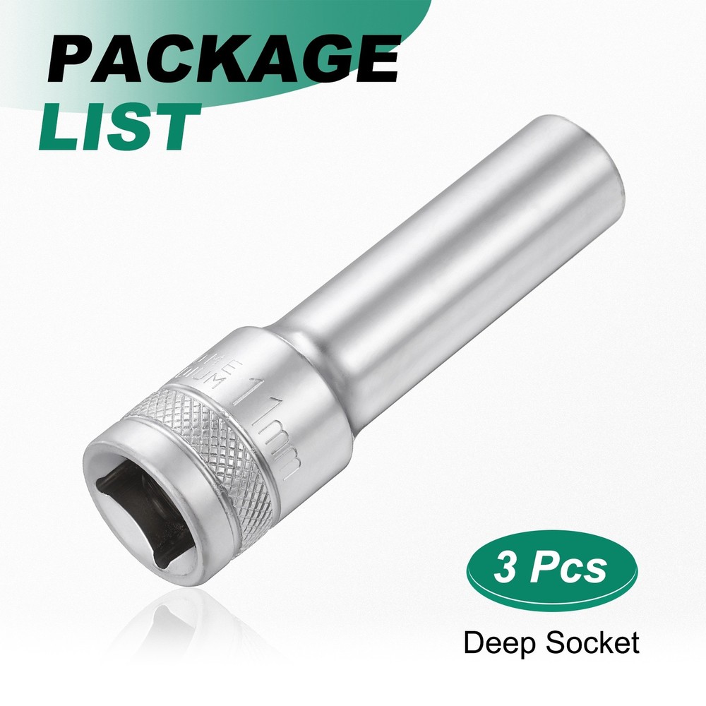 3pcs 6 Points Deep Socket 1/2" Drive 11mm Nickel Plating Hex Socket 3.1" Long
