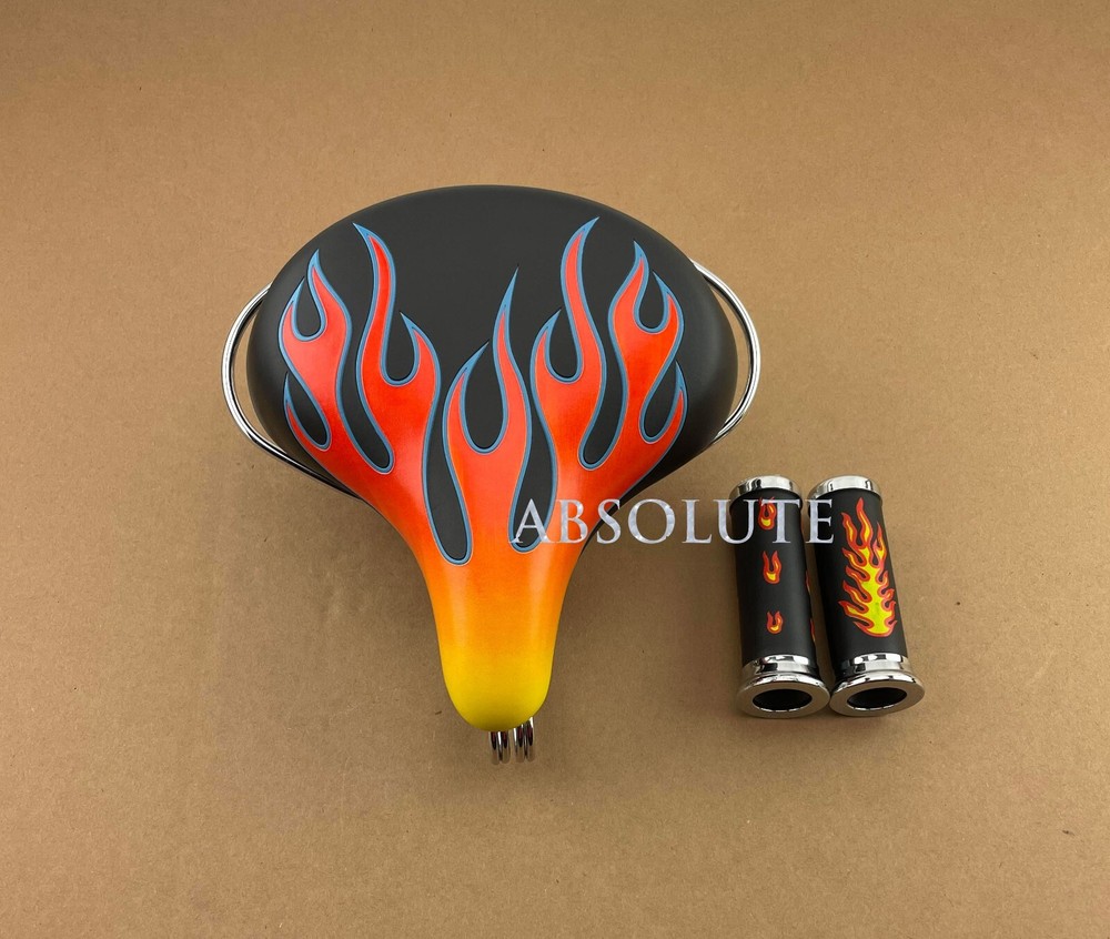 ABSOLUTE BEACH CRUISER FLAME WEB STYLE SADDLE W/FLAMES BLACK/CHROME EAGLE GRIPS.